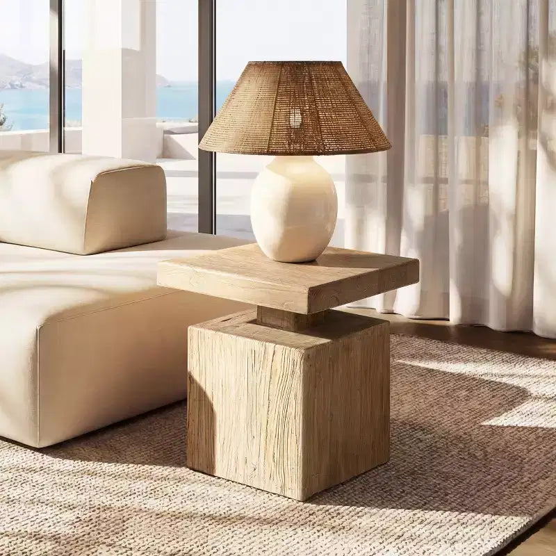 Table d'appoint bloc plinthe carrée pleine en orme recyclé de 45 cm, brun naturel
