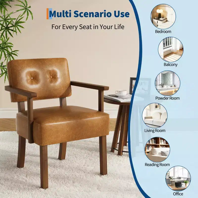 Fauteuil d'appoint du milieu du siècle avec cadre en bois et cuir PU, fauteuil de salon rembourré à rayures verticales marron pour salon et chambre
