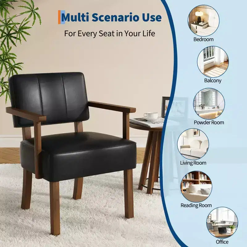 Fauteuil d'appoint du milieu du siècle avec cadre en bois et cuir PU, fauteuil de salon rembourré à rayures verticales marron pour salon et chambre