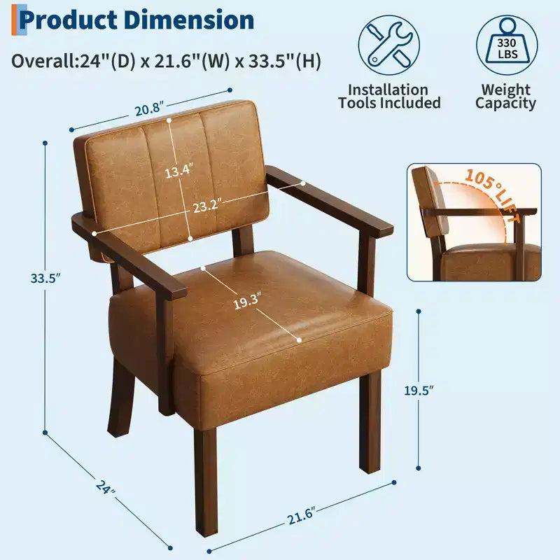Fauteuil d'appoint du milieu du siècle avec cadre en bois et cuir PU, fauteuil de salon rembourré à rayures verticales marron pour salon et chambre