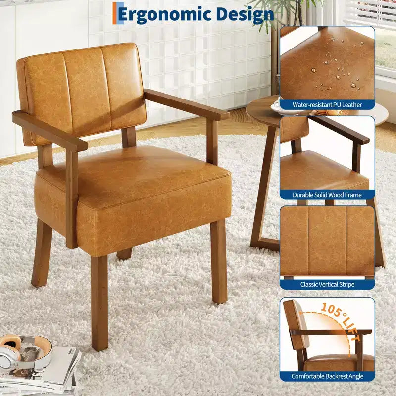 Fauteuil d'appoint du milieu du siècle avec cadre en bois et cuir PU, fauteuil de salon rembourré à rayures verticales marron pour salon et chambre