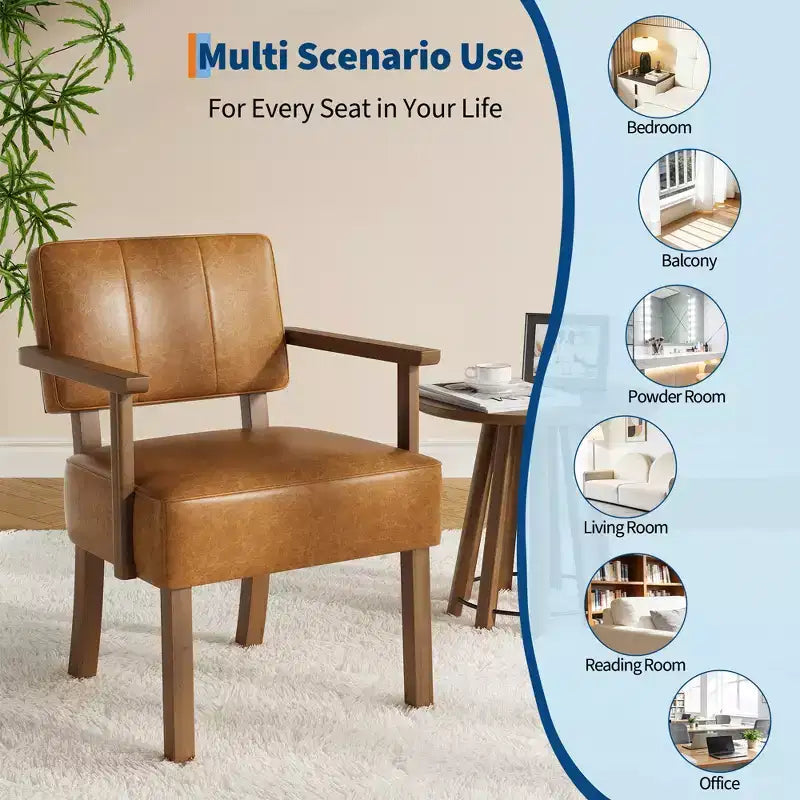 Fauteuil d'appoint du milieu du siècle avec cadre en bois et cuir PU, fauteuil de salon rembourré à rayures verticales marron pour salon et chambre
