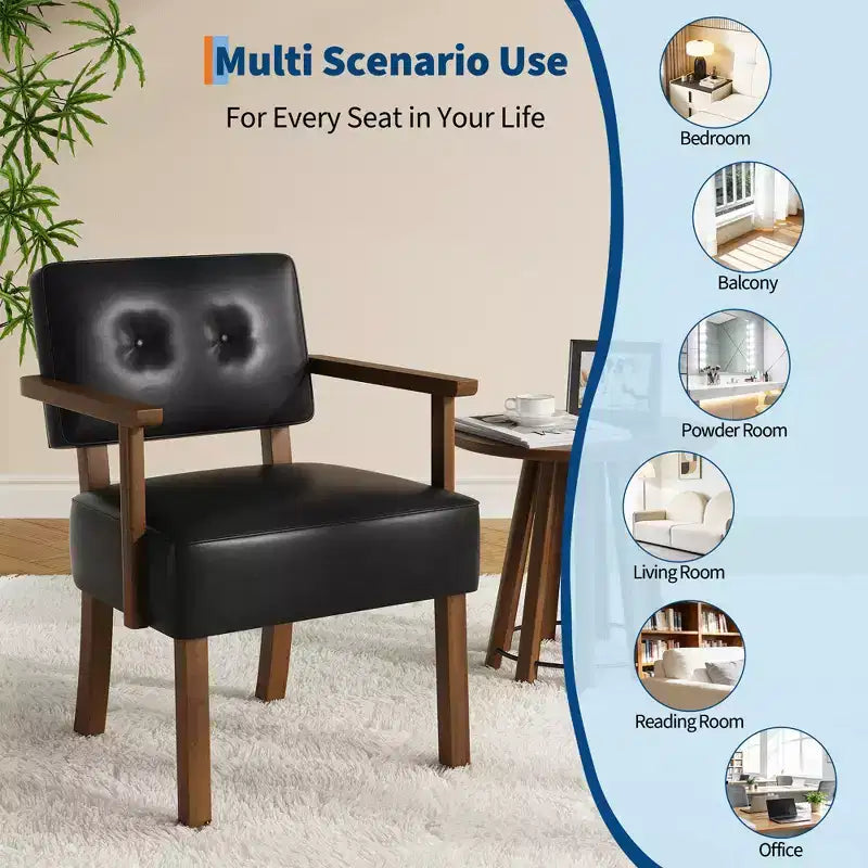 Fauteuil d'appoint du milieu du siècle avec cadre en bois et cuir PU, fauteuil de salon rembourré à rayures verticales marron pour salon et chambre