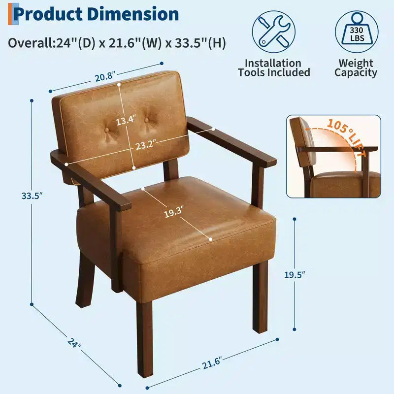 Fauteuil d'appoint du milieu du siècle avec cadre en bois et cuir PU, fauteuil de salon rembourré à rayures verticales marron pour salon et chambre