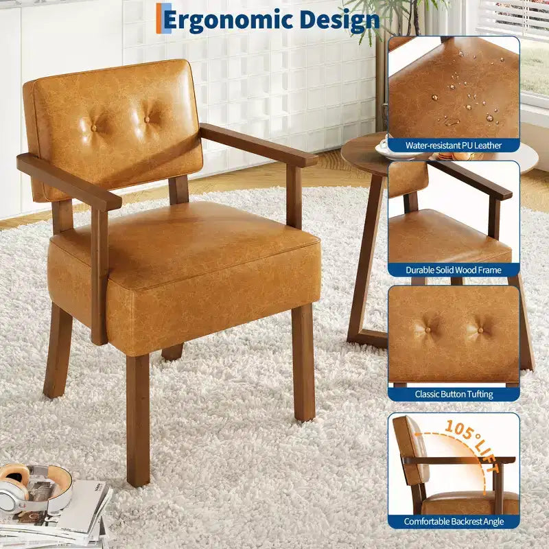 Fauteuil d'appoint du milieu du siècle avec cadre en bois et cuir PU, fauteuil de salon rembourré à rayures verticales marron pour salon et chambre