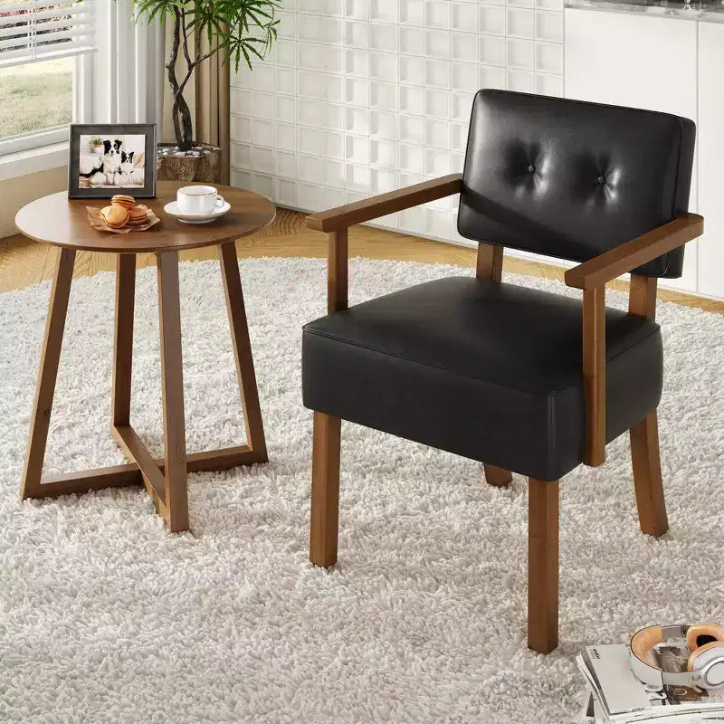 Fauteuil d'appoint du milieu du siècle avec cadre en bois et cuir PU, fauteuil de salon rembourré à rayures verticales marron pour salon et chambre