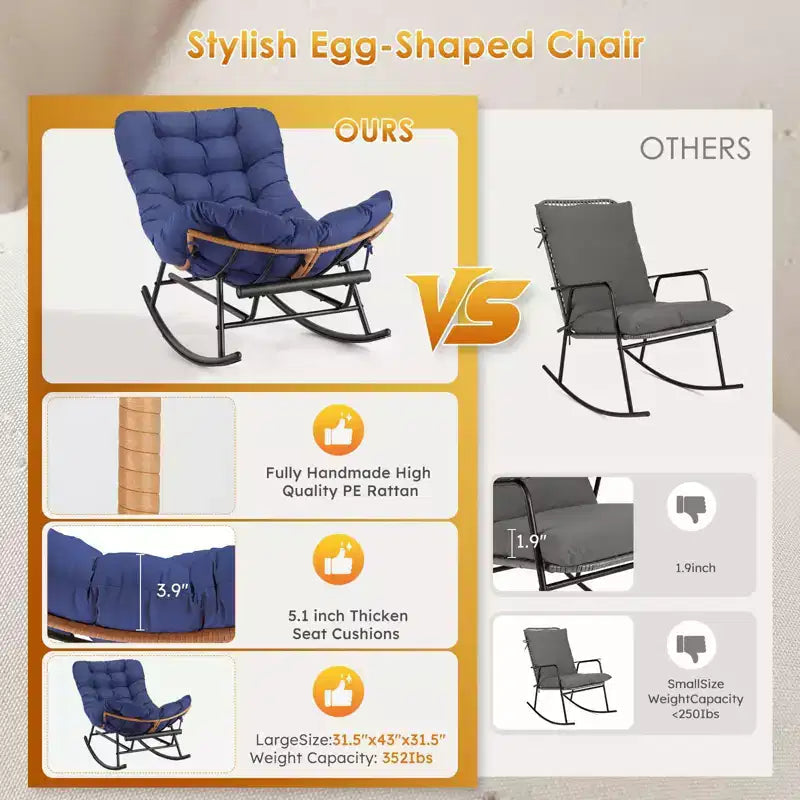Fauteuil à bascule en rotin surdimensionné, Repose-pieds extensible, Cadre métallique robuste, Fauteuil inclinable confortable pour Porche, Pelouse, Jardin, Chambre à coucher