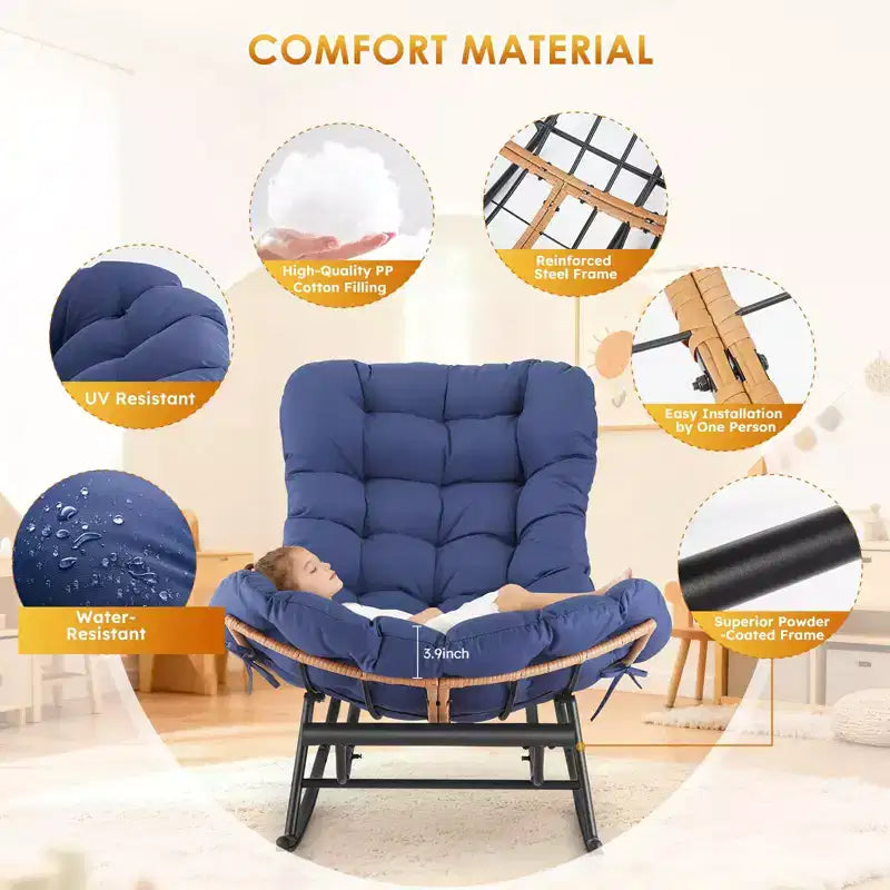 Fauteuil à bascule en rotin surdimensionné, Repose-pieds extensible, Cadre métallique robuste, Fauteuil inclinable confortable pour Porche, Pelouse, Jardin, Chambre à coucher