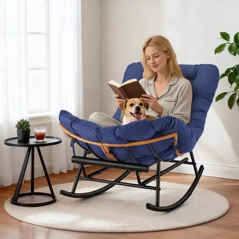 Fauteuil à bascule en rotin surdimensionné, Repose-pieds extensible, Cadre métallique robuste, Fauteuil inclinable confortable pour Porche, Pelouse, Jardin, Chambre à coucher