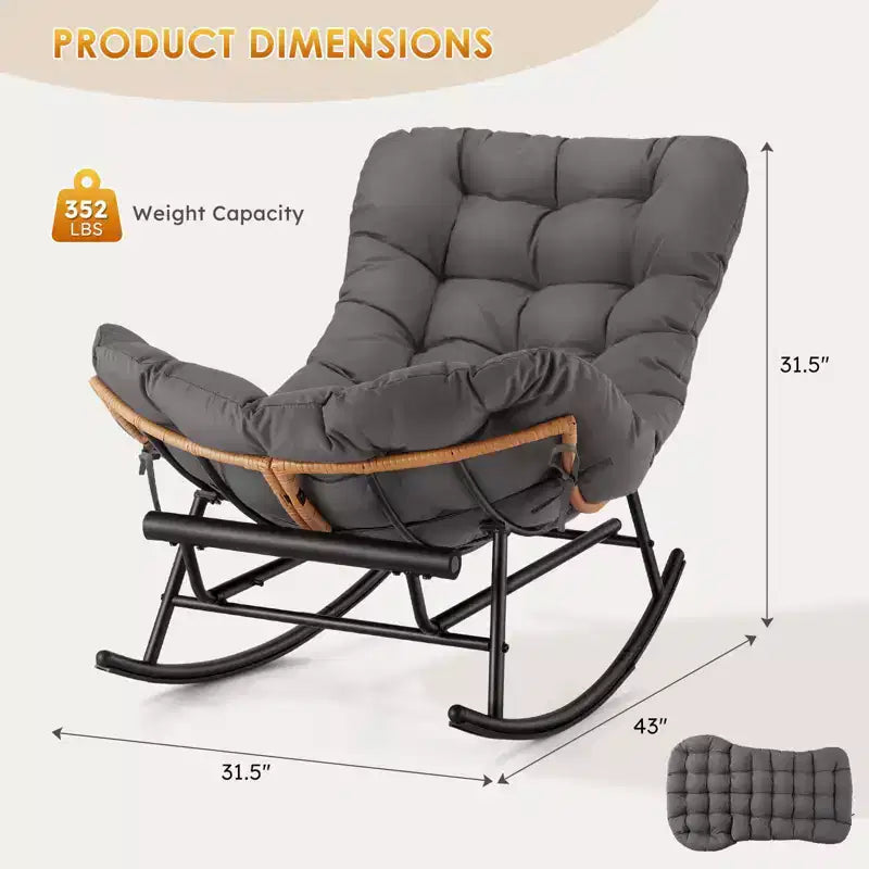 Fauteuil à bascule en rotin surdimensionné, Repose-pieds extensible, Cadre métallique robuste, Fauteuil inclinable confortable pour Porche, Pelouse, Jardin, Chambre à coucher