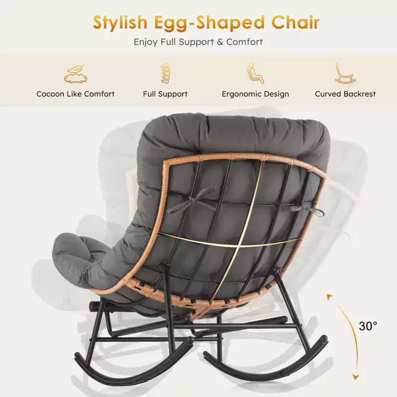 Fauteuil à bascule en rotin surdimensionné, Repose-pieds extensible, Cadre métallique robuste, Fauteuil inclinable confortable pour Porche, Pelouse, Jardin, Chambre à coucher