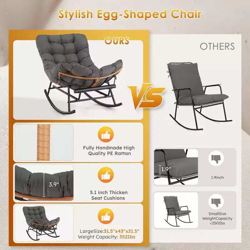 Fauteuil à bascule en rotin surdimensionné, Repose-pieds extensible, Cadre métallique robuste, Fauteuil inclinable confortable pour Porche, Pelouse, Jardin, Chambre à coucher