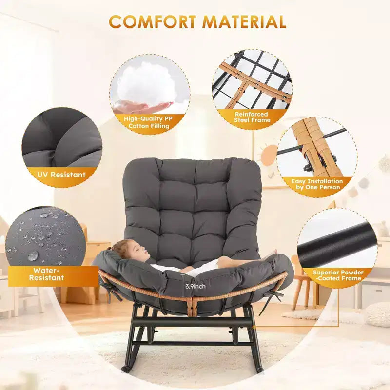 Fauteuil à bascule en rotin surdimensionné, Repose-pieds extensible, Cadre métallique robuste, Fauteuil inclinable confortable pour Porche, Pelouse, Jardin, Chambre à coucher
