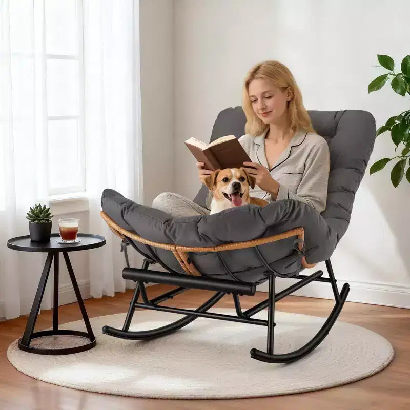 Fauteuil à bascule en rotin surdimensionné, Repose-pieds extensible, Cadre métallique robuste, Fauteuil inclinable confortable pour Porche, Pelouse, Jardin, Chambre à coucher
