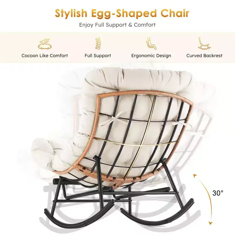 Fauteuil à bascule en rotin surdimensionné, Repose-pieds extensible, Cadre métallique robuste, Fauteuil inclinable confortable pour Porche, Pelouse, Jardin, Chambre à coucher
