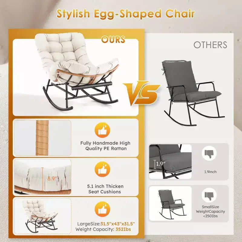Fauteuil à bascule en rotin surdimensionné, Repose-pieds extensible, Cadre métallique robuste, Fauteuil inclinable confortable pour Porche, Pelouse, Jardin, Chambre à coucher