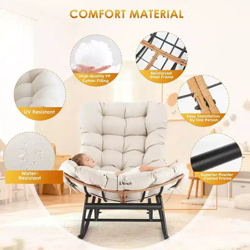 Fauteuil à bascule en rotin surdimensionné, Repose-pieds extensible, Cadre métallique robuste, Fauteuil inclinable confortable pour Porche, Pelouse, Jardin, Chambre à coucher