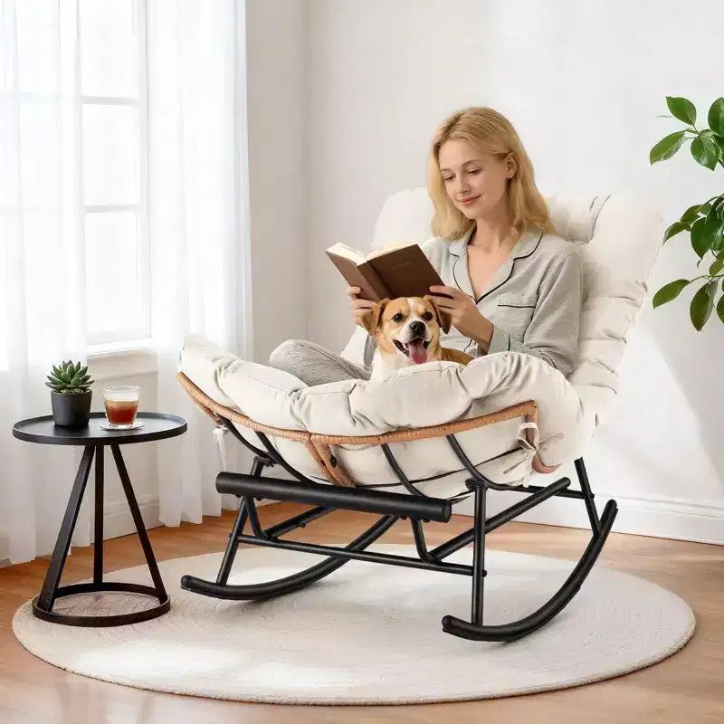 Fauteuil à bascule en rotin surdimensionné, Repose-pieds extensible, Cadre métallique robuste, Fauteuil inclinable confortable pour Porche, Pelouse, Jardin, Chambre à coucher