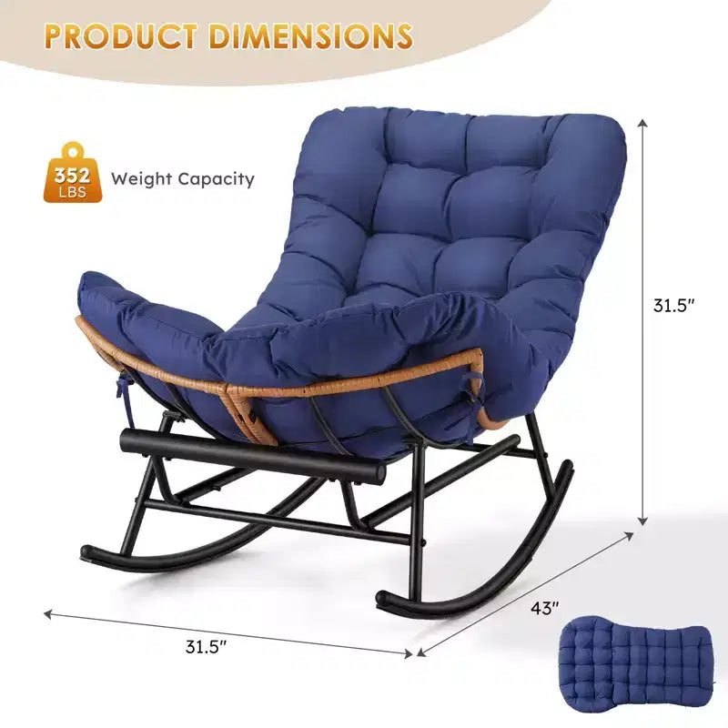 Fauteuil à bascule en rotin surdimensionné, Repose-pieds extensible, Cadre métallique robuste, Fauteuil inclinable confortable pour Porche, Pelouse, Jardin, Chambre à coucher