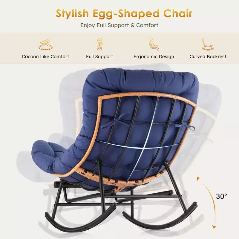Fauteuil à bascule en rotin surdimensionné, Repose-pieds extensible, Cadre métallique robuste, Fauteuil inclinable confortable pour Porche, Pelouse, Jardin, Chambre à coucher
