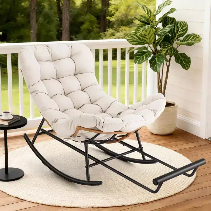 Fauteuil à bascule en rotin surdimensionné, Repose-pieds extensible, Cadre métallique robuste, Fauteuil inclinable confortable pour Porche, Pelouse, Jardin, Chambre à coucher