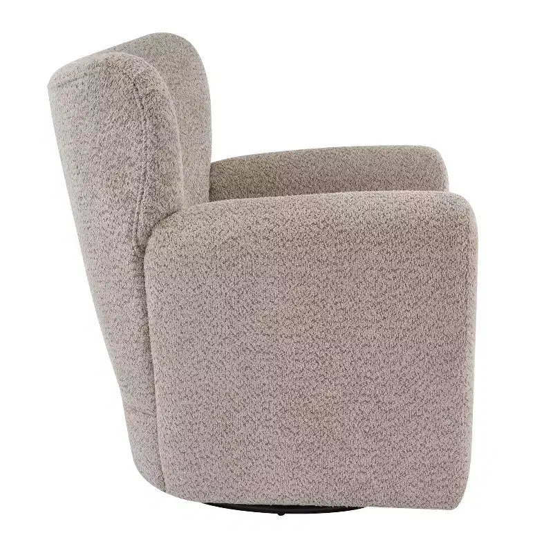 Fauteuil cabriolet pivotant 360°, dossier haut, garni de bouclettes, piètement en fer moderne