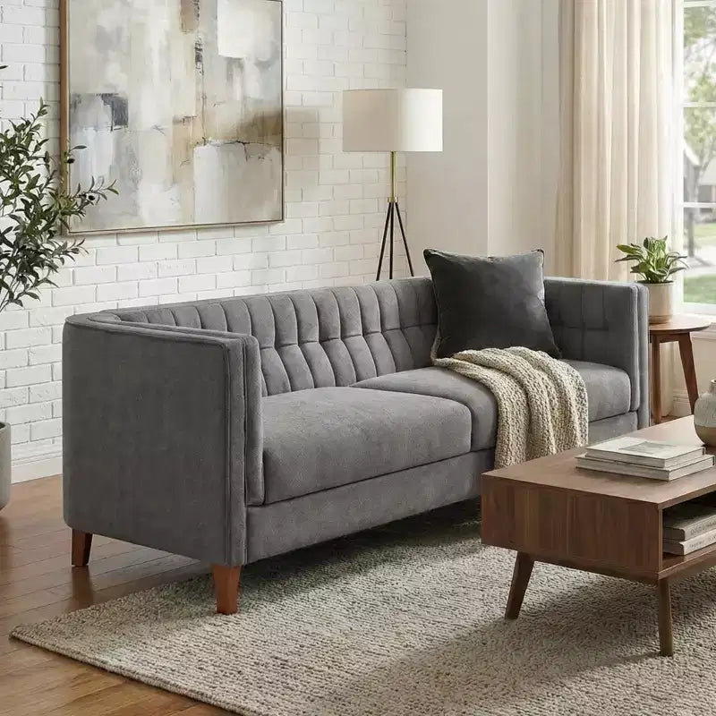 Canapé moderne 3 places en chenille, 193 cm, avec dossier capitonné à coutures verticales