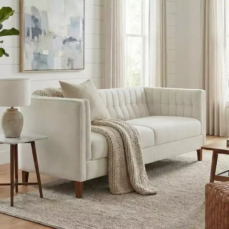 Canapé moderne 3 places en chenille, 193 cm, avec dossier capitonné à coutures verticales