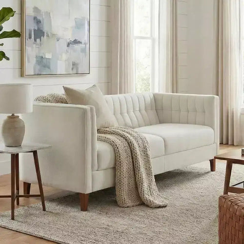 Canapé moderne 3 places en chenille, 193 cm, avec dossier capitonné à coutures verticales