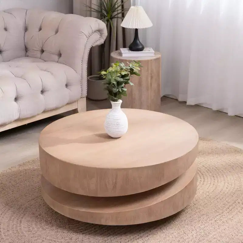 Table basse ronde moderne à deux niveaux de 31,3 po, design sculptural asymétrique