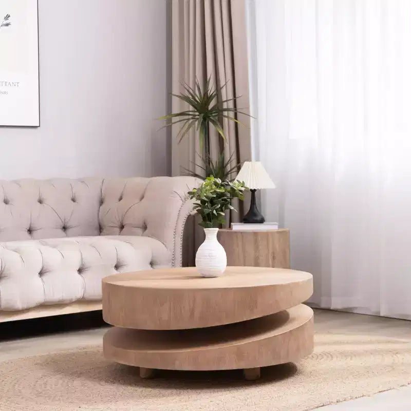 Table basse ronde moderne à deux niveaux de 31,3 po, design sculptural asymétrique