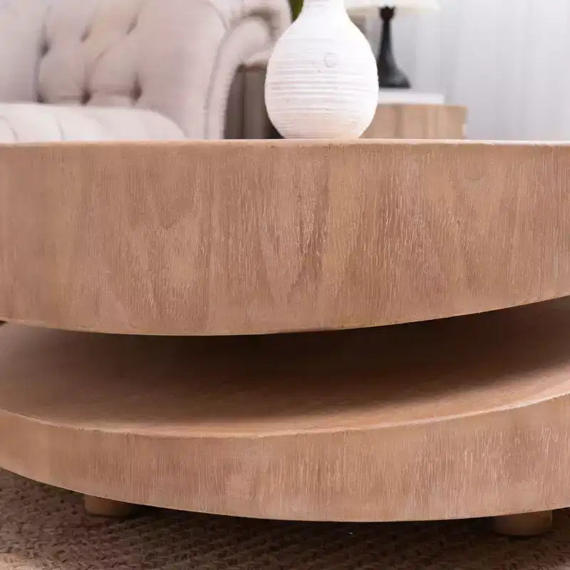 Table basse ronde moderne à deux niveaux de 31,3 po, design sculptural asymétrique