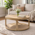 Table basse ronde en bois de style ferme avec 2 étagères de rangement
