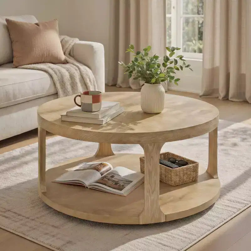 Table basse ronde en bois de style ferme avec 2 étagères de rangement