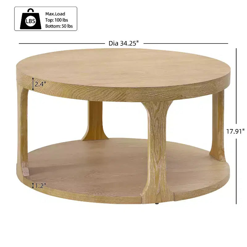 Table basse ronde en bois de style ferme avec 2 étagères de rangement