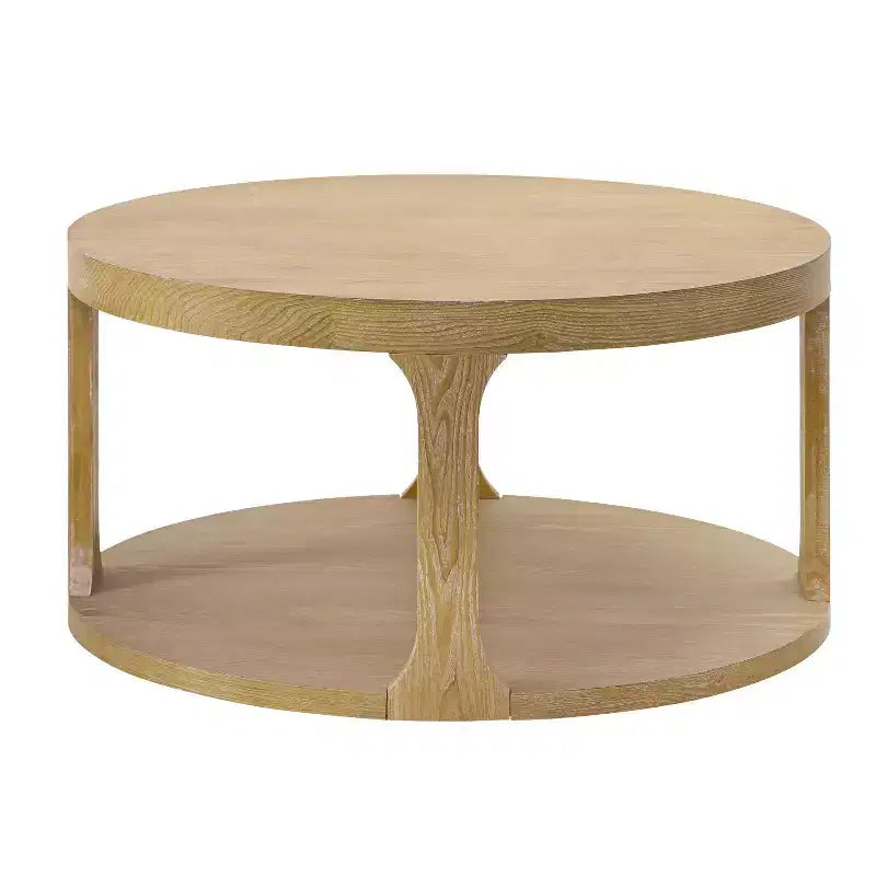 Table basse ronde en bois de style ferme avec 2 étagères de rangement