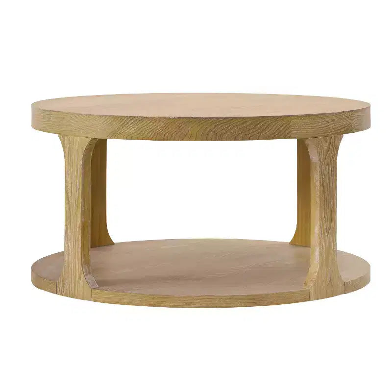 Table basse ronde en bois de style ferme avec 2 étagères de rangement