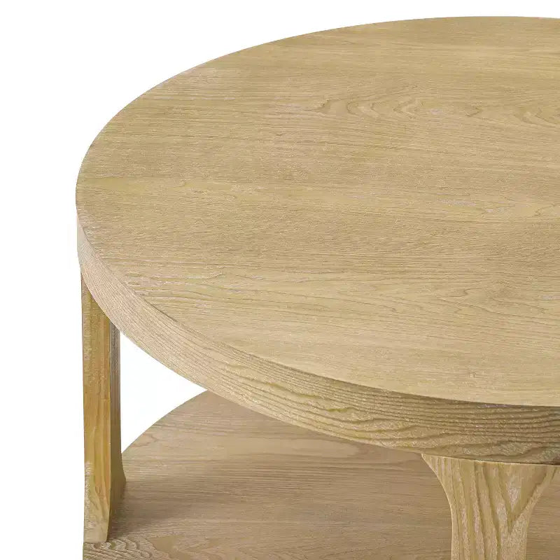 Table basse ronde en bois de style ferme avec 2 étagères de rangement