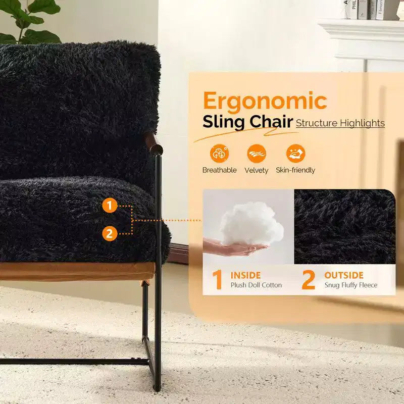 Fauteuil de détente en peluche de fourrure de lapin avec accoudoirs en bois d'hévéa et cadre en fer