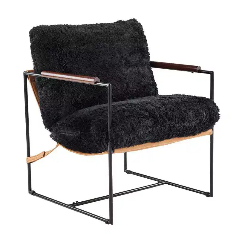 Fauteuil de détente en peluche de fourrure de lapin avec accoudoirs en bois d'hévéa et cadre en fer