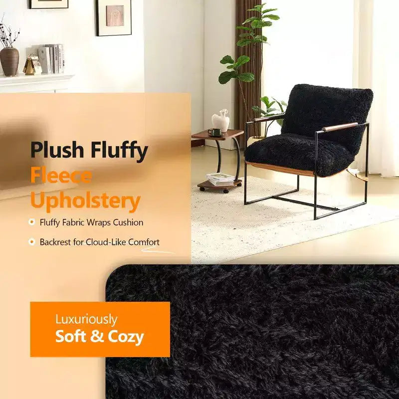 Fauteuil de détente en peluche de fourrure de lapin avec accoudoirs en bois d'hévéa et cadre en fer