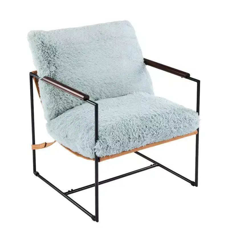 Fauteuil de détente en peluche de fourrure de lapin avec accoudoirs en bois d'hévéa et cadre en fer