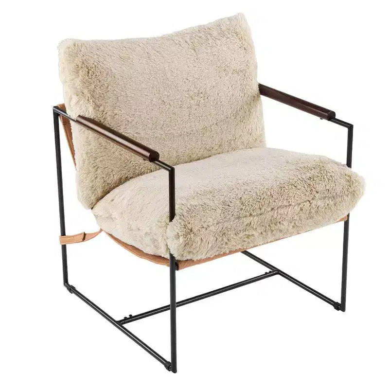 Fauteuil de détente en peluche de fourrure de lapin avec accoudoirs en bois d'hévéa et cadre en fer