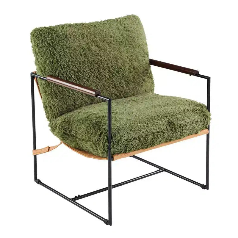 Fauteuil de détente en peluche de fourrure de lapin avec accoudoirs en bois d'hévéa et cadre en fer