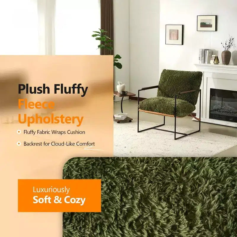 Fauteuil de détente en peluche de fourrure de lapin avec accoudoirs en bois d'hévéa et cadre en fer