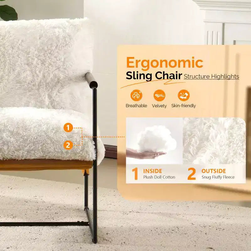 Fauteuil de détente en peluche de fourrure de lapin avec accoudoirs en bois d'hévéa et cadre en fer