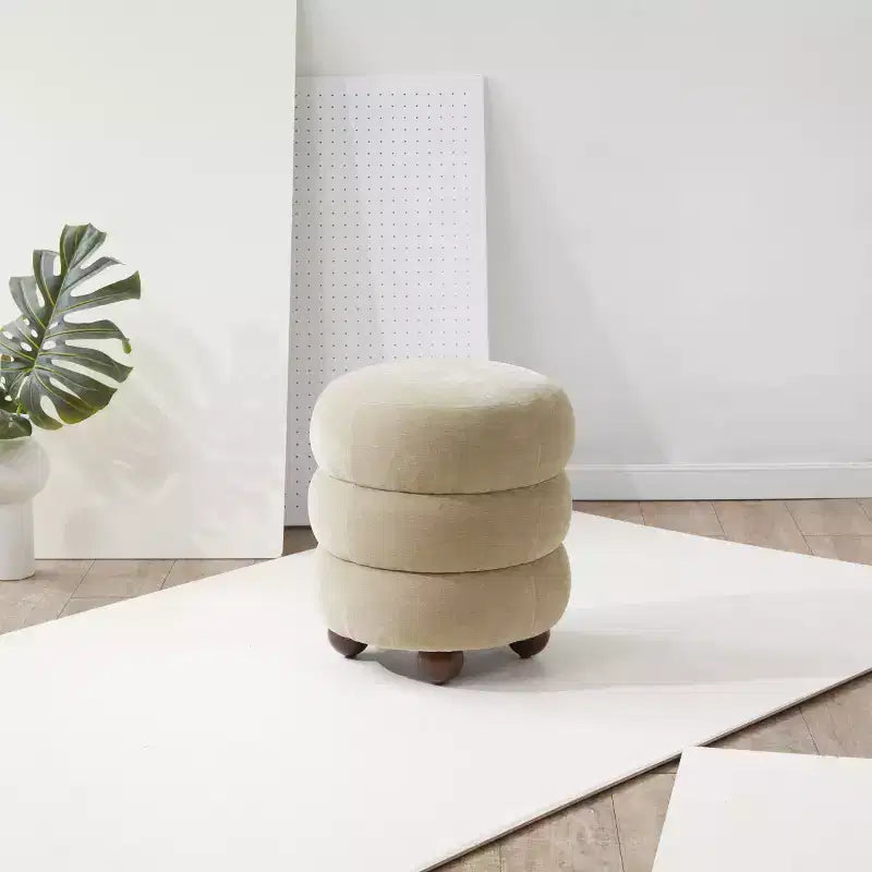 Pouf Rond en Velours Capitonnage Vertical, Marron Clair et Noyer