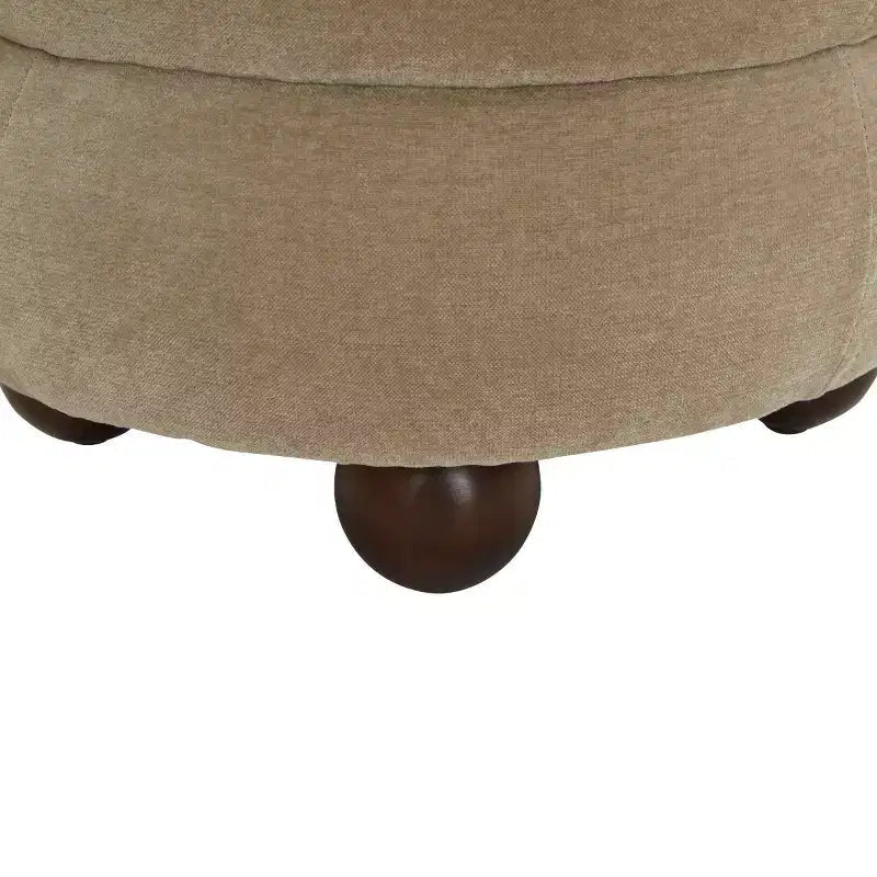 Pouf Rond en Velours Capitonnage Vertical, Marron Clair et Noyer