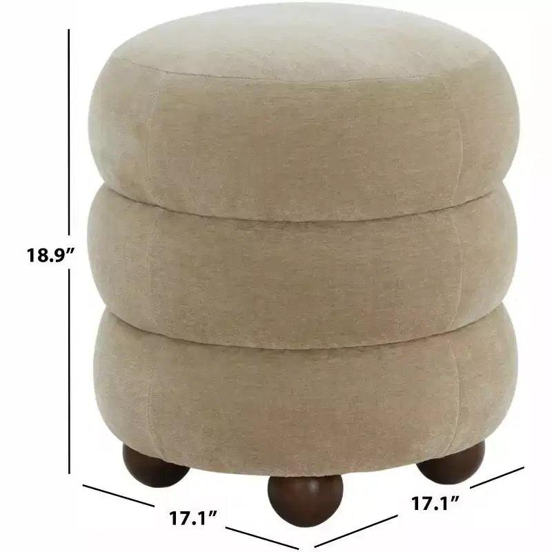 Pouf Rond en Velours Capitonnage Vertical, Marron Clair et Noyer