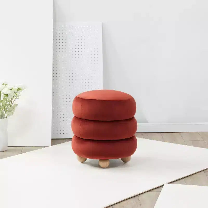Pouf Rond en Velours Capitonnage Vertical, Marron Clair et Noyer